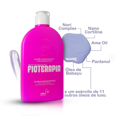 Frasco rosa de produto para alisamento Fioterapia com ingredientes indicados em amostra azul