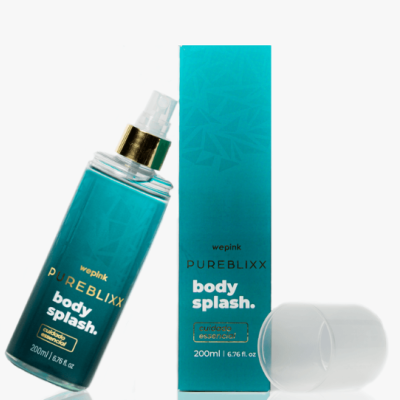 Body splash azul-turquesa com embalagem azul-turquesa e texto branco e dourado