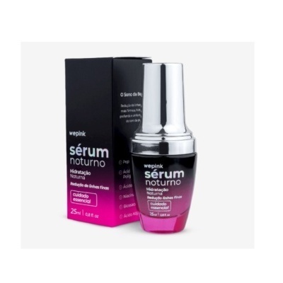 Frasco e caixa preta e rosa de sérum noturno Wepink com texto em português