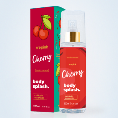 Frasco de body splash Cherry com embalagem colorida e ilustração de cerejas