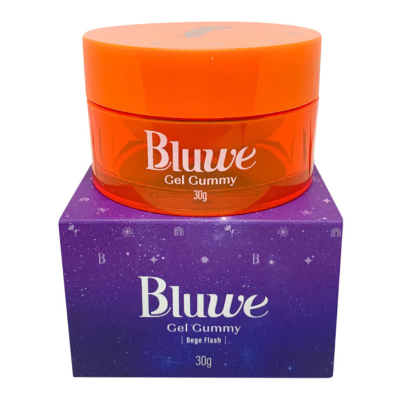 Gel Bluwe Gel Gummy em recipiente laranja sobre caixa roxa.