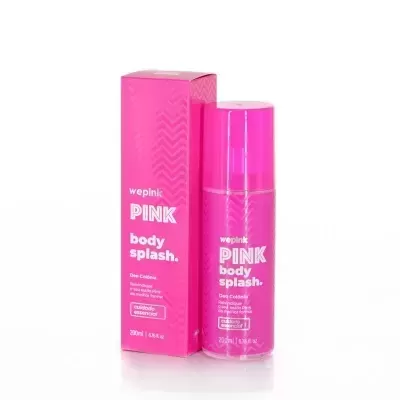 Frasco e caixa de body splash cor-de-rosa da marca Wepink