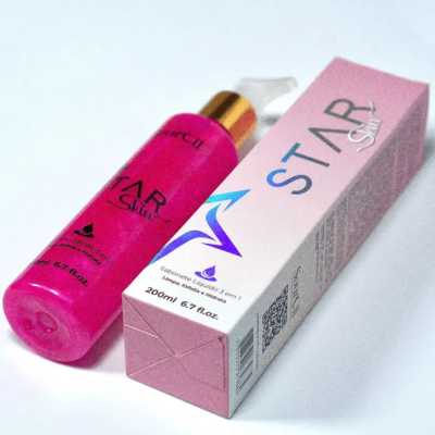Frasco rosa translúcido e caixa rosa de sabonete líquido STAR Skin