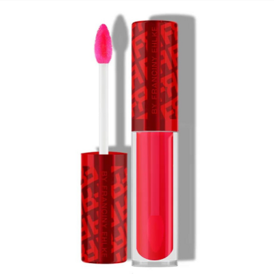 Batom líquido vermelho com aplicador em esponja e embalagem vermelha decorada