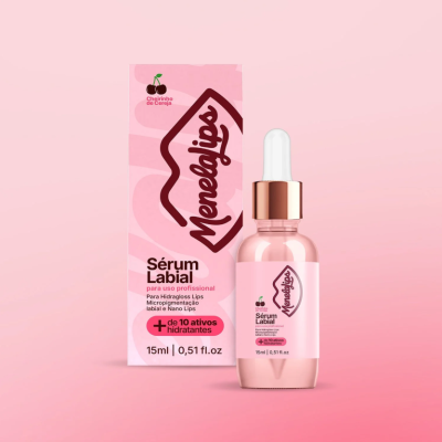 frasco de sérum labial e embalagem rosa Menelipes