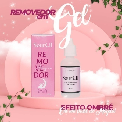 Produto Removedor em Gel SourCil com embalagem rosa e frasco branco num fundo rosa decorado