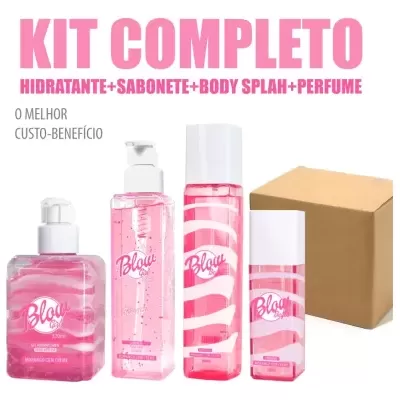 Kit cosmético completo com hidratante, sabonete, body splash e perfume em embalagens rosas.