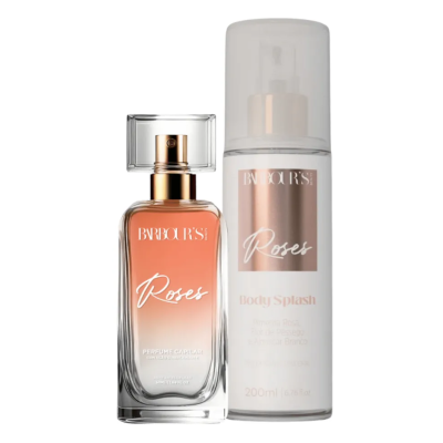 Conjunto perfume capilar e body splash BARBOURS Paris com design elegante e texto Roses