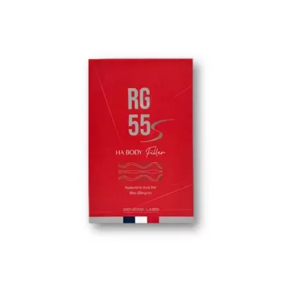Embalagem vermelha de produto cosmético RG 55 HA BODY Filler