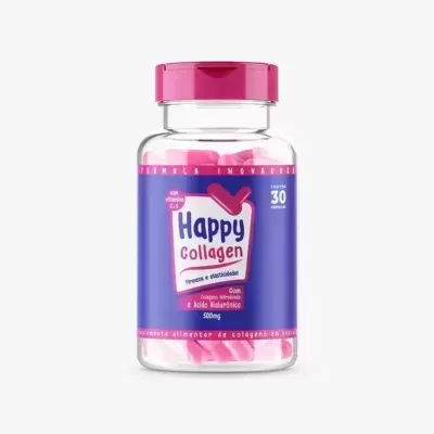 Frasco de suplemento Happy Collagen com cápsulas cor-de-rosa