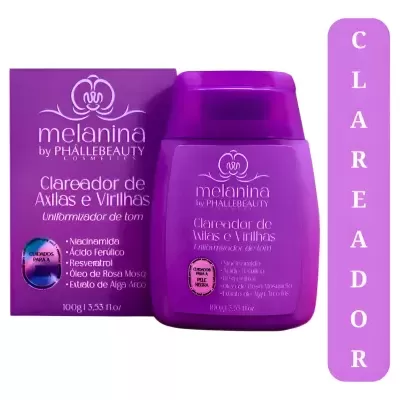 Frasco e caixa roxa de creme clareador para axilas e virilhas Melanina by Phállebeauty