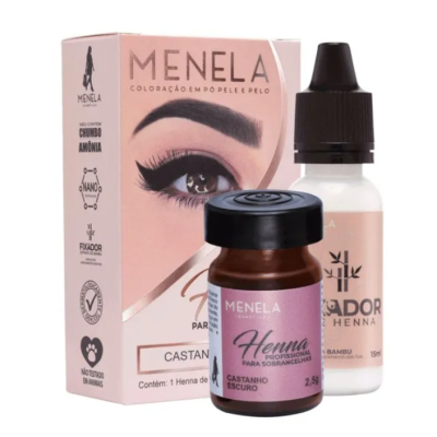 Conjunto coloração sobrancelhas MENELA castanho escuro com frascos e embalagem rosa