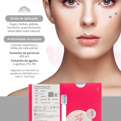 Produto CARA Lidocaína HA filler com seringa e embalagem rosa ao lado do rosto de mulher com marcações para aplicação