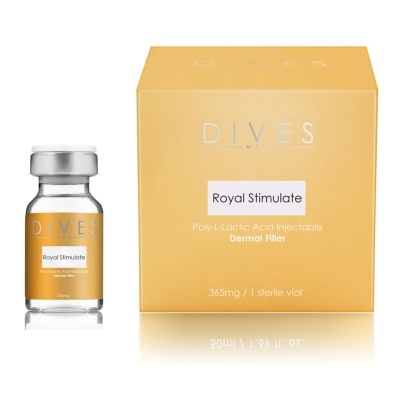 Frasco e caixa amarelos do produto Royal Stimulate dermal filler