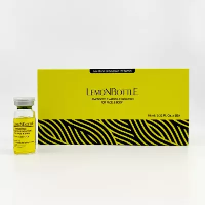 Frasco amarelo de ampola e caixa amarela com padrão preto e texto LEMONBOTTLE