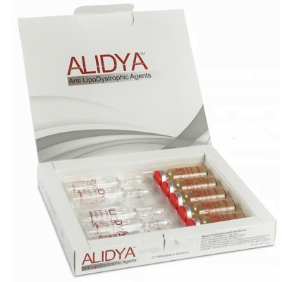 Caixa branca aberta com ampolas ALIDYA com tampas vermelhas