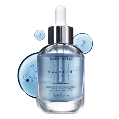 Frasco de sérum de niacinamida azul claro com conta-gotas