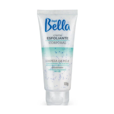 Tubo de creme esfoliante corporal Depil Bella com bolinhas azuis