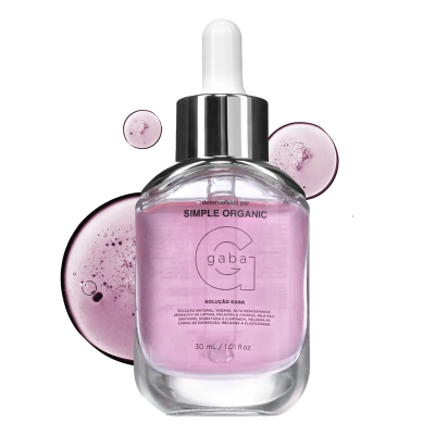 Frasco de solução Gaba da Simple Organic com líquido violeta e tampa conta-gotas