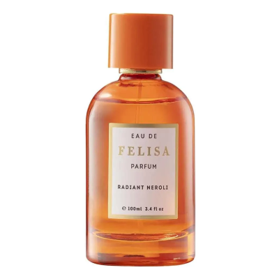 Frasco de perfume âmbar com tampa laranja e etiqueta branca com texto