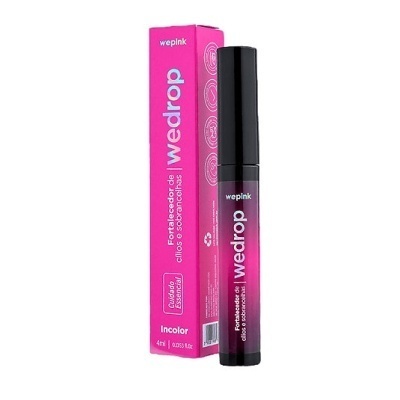 Fortificador de cílios e sobrancelhas wepink wedrop, embalagem rosa, frasco preto e rosa.