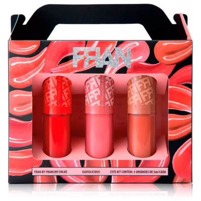 Conjunto de três batons líquidos FRAN em embalagem decorada com bocas vermelhas