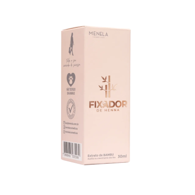 Embalagem rosa claro do FIXADOR DE HENNA Menela Cosméticos com texto e ícones