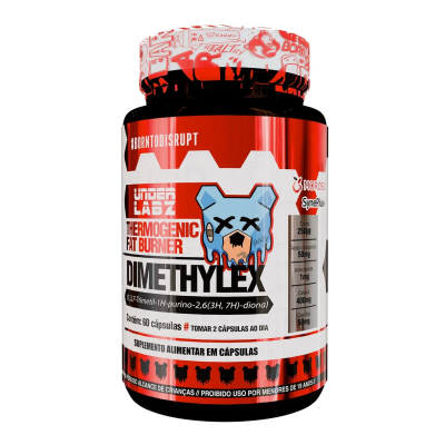 Frasco de suplemento DIMETHYLEX com rótulo vermelho e branco e ilustração de urso azul.