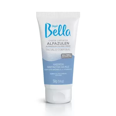 Tubo branco e azul claro de creme calmante Depil Bella para rosto e corpo