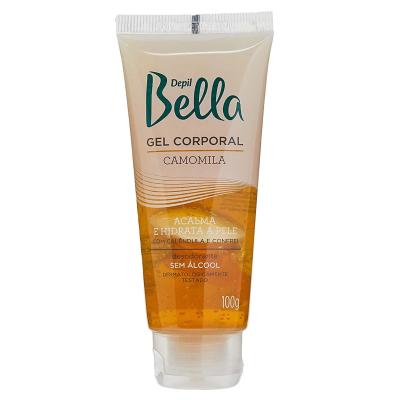 Tube de gel corporal Depil Bella com camomila em embalagem transparente com partículas laranjas