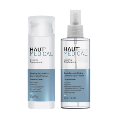 Dois produtos HAUT MEDICAL, Peeling Enzimático e Água Dermatológica, embalagens branca e transparente, fundo branco.