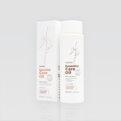 Frasco branco de óleo corporal Essential Care Oil com embalagem correspondente em fundo branco