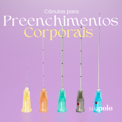 Cinco cânulas para preenchimentos corporais com agulhas de diferentes cores e comprimentos sobre fundo roxo