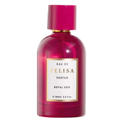 Frasco de perfume vermelho com rótulo branco e texto dourado e preto.