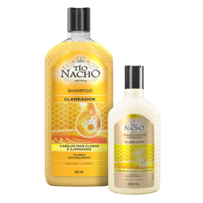 Shampoo e condicionador Tío Nacho clareador com rótulos amarelos e dourados