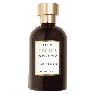 Frasco de perfume escuro com rótulo branco e tampa dourada.