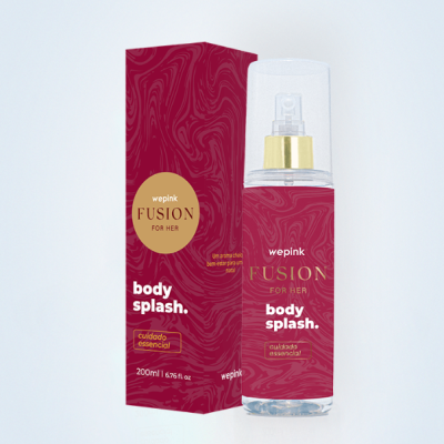 Frasco e caixa de body splash vermelho e dourado da marca wepink Fusion for Her