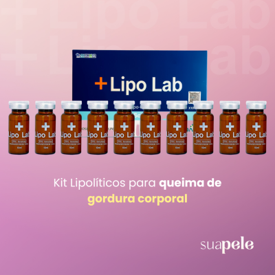 Kit de frascos +Lipo Lab para queima de gordura corporal com caixa azul e fundo rosa.