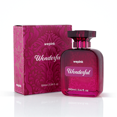Frasco e embalagem de perfume wepink Wonderful rosa com padrão floral