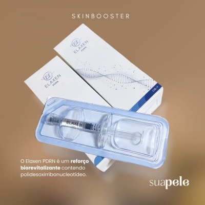 Produto Elaxen PDRN Skinbooster com seringa e embalagem branca e azul
