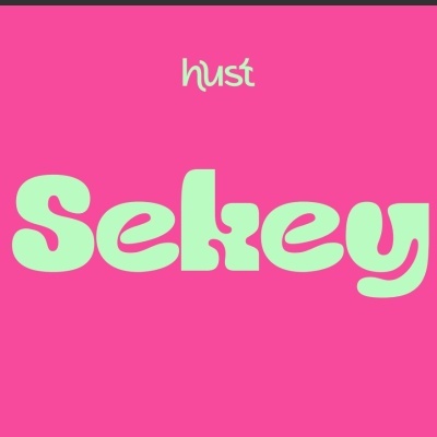 Texto estilizado hust e Sekey em verde claro sobre fundo rosa