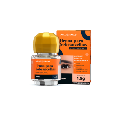 Frasco de henna preta para sobrancelhas com embalagem laranja e preta