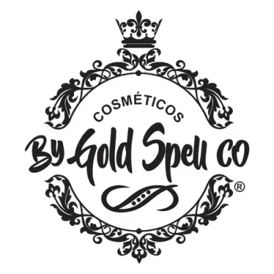 Logotipo preto e branco com texto COSMÉTICOS By Gold Spell co e ornamentos florais