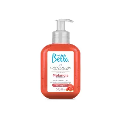 Gel corporal Bella Melancia com doseador, frasco laranja translúcido e rótulo branco
