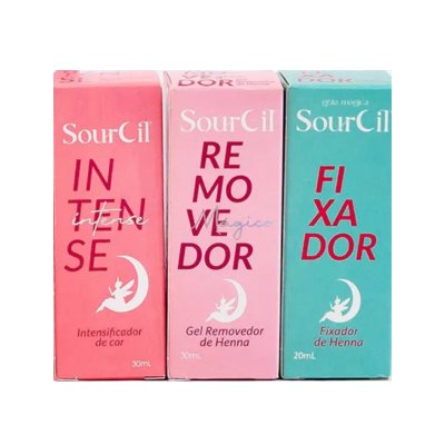 Três embalagens de produtos SourCil para henna em cores rosa e verde