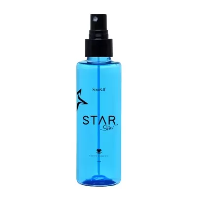 Frasco azul translúcido com tampa de spray e texto impresso