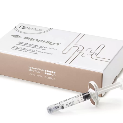 Caixa branca e bege com texto PROFILE e seringa com líquido