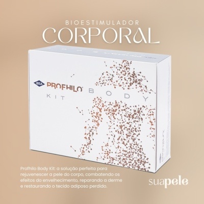 Caixa de produto Profhilo Body Kit branco com design de pontos dourados formando corpo humano em fundo bege