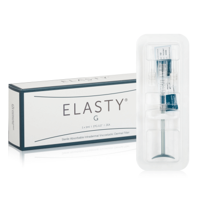 Embalagem branca ELASTY G com blister transparente contendo seringa.