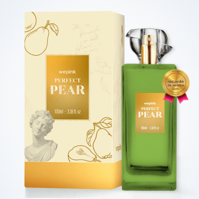 Frasco verde de perfume e embalagem creme e dourada com ilustrações de peras e estátua